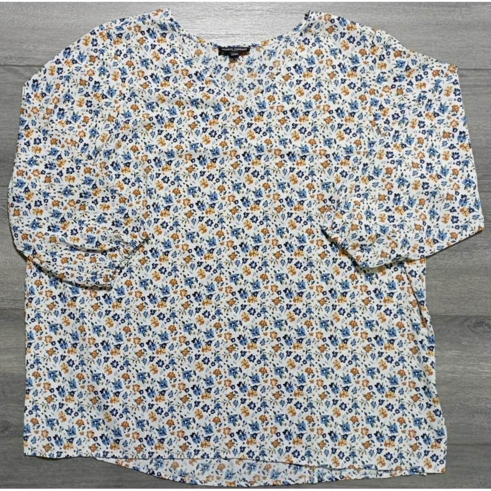 Mario Serrani Blouse Womens 2XL White Blue Orange Floral V-Neck 3/4 Sleeve Top